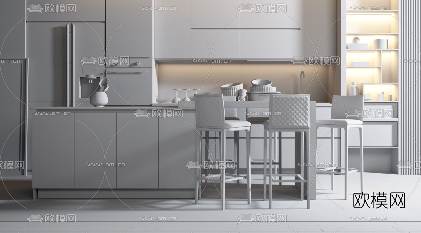 现代厨房吧台吧椅组合3d模型下载（渲染图3）