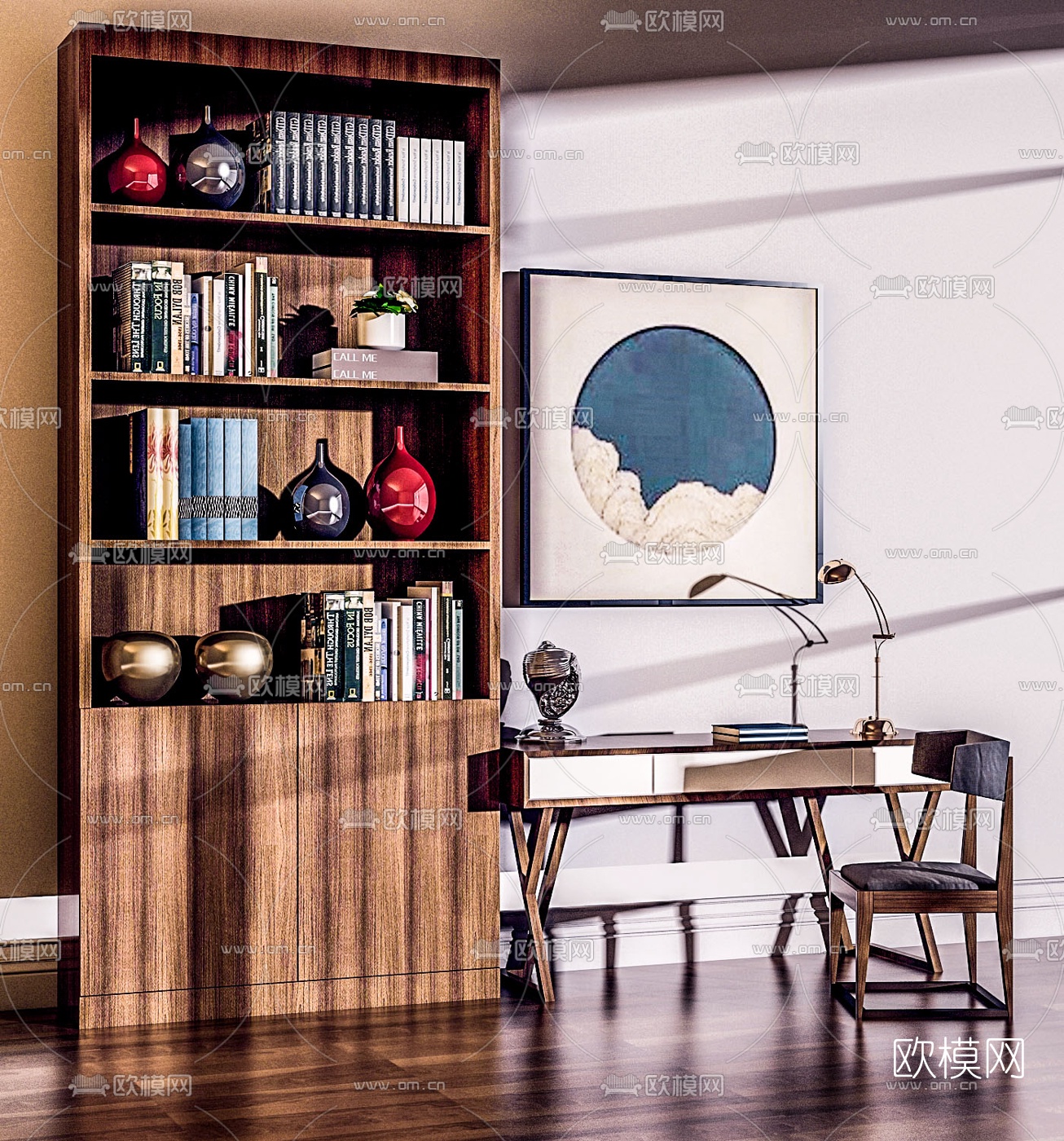 中式书桌椅书柜3d模型下载