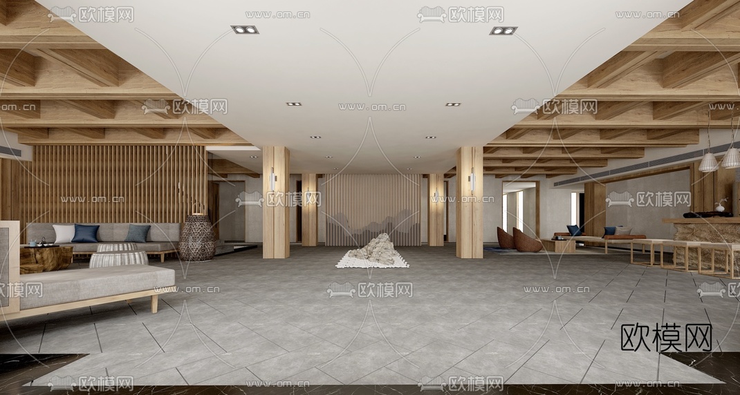 新中式民宿酒店大堂接待区3D模型-免费3dmax模型库-欧模网