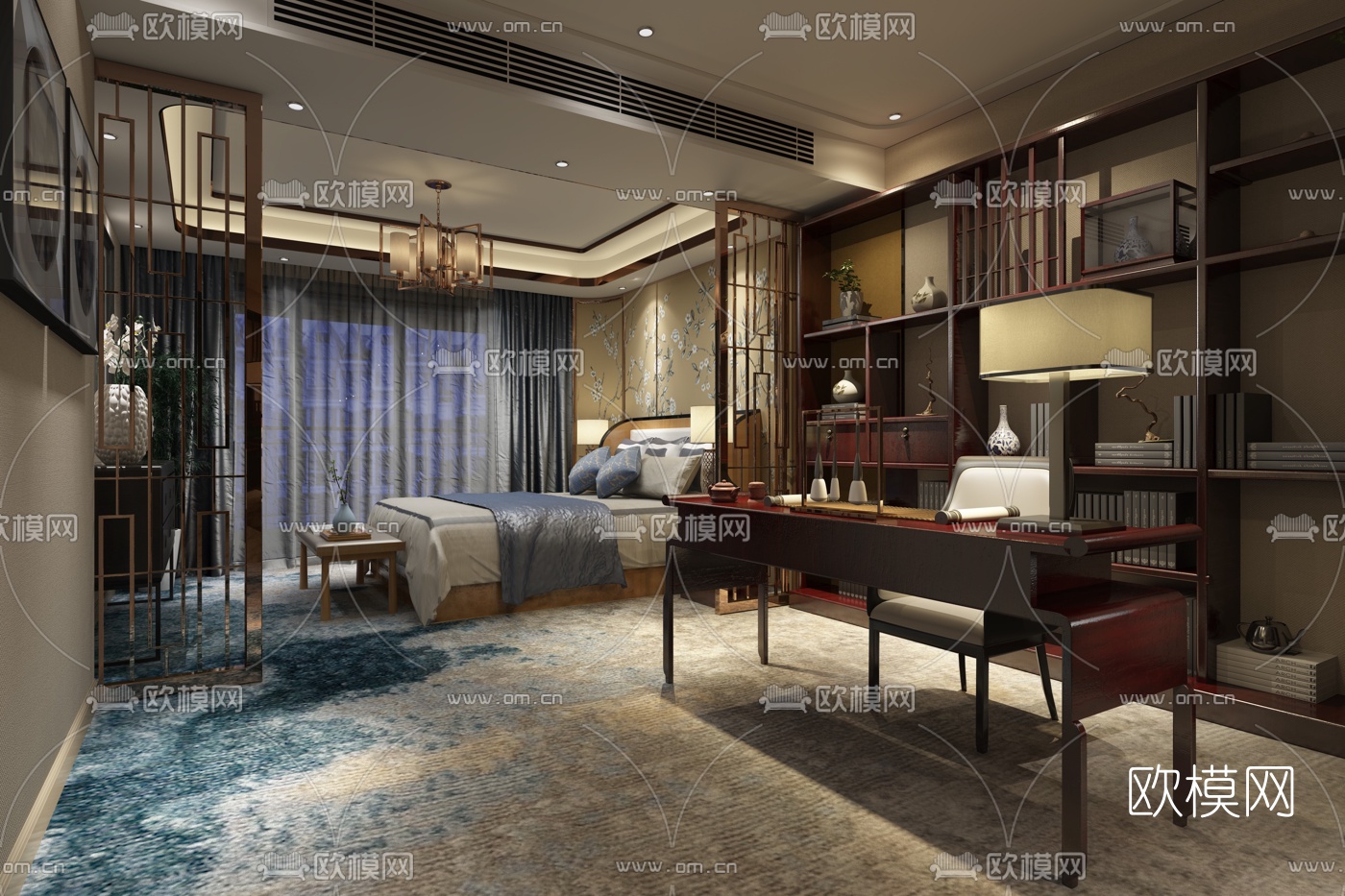 大集设计 中式卧室样板间3D模型下载（渲染图1）