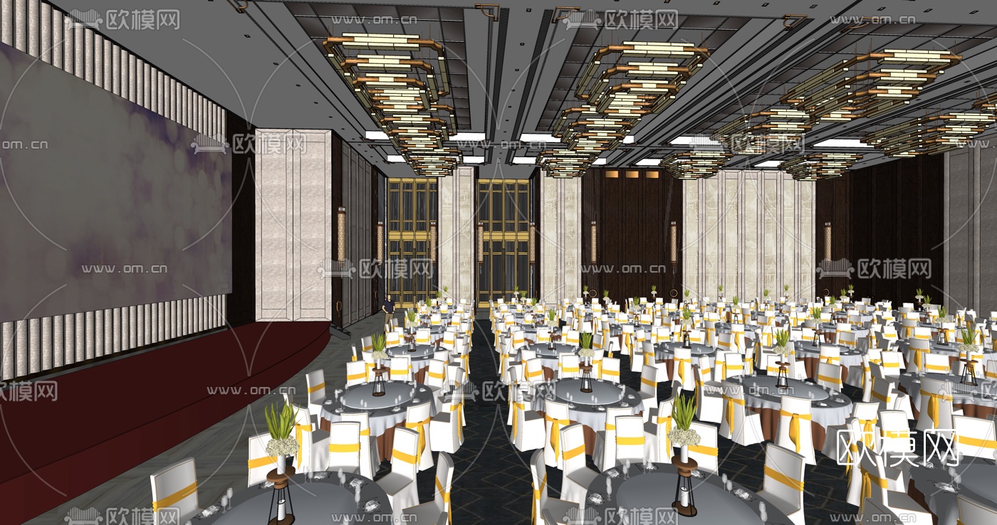 新中式宴会厅su模型下载（渲染图3）
