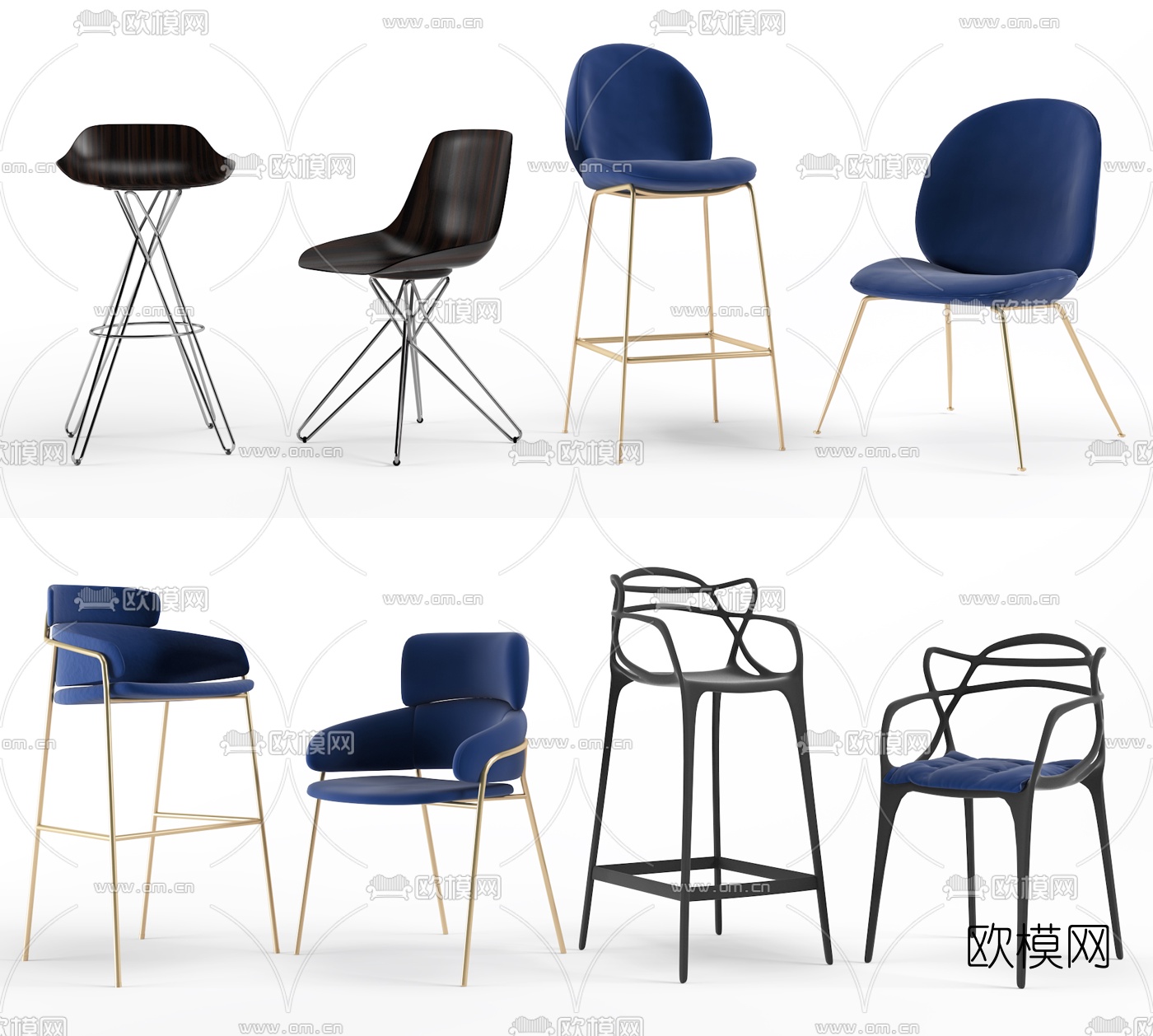 现代轻奢吧椅椅子组合3d模型下载（渲染图1）