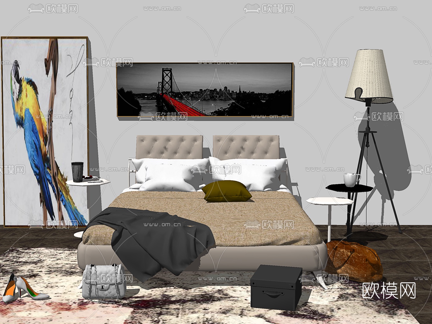 北欧双人床su模型下载