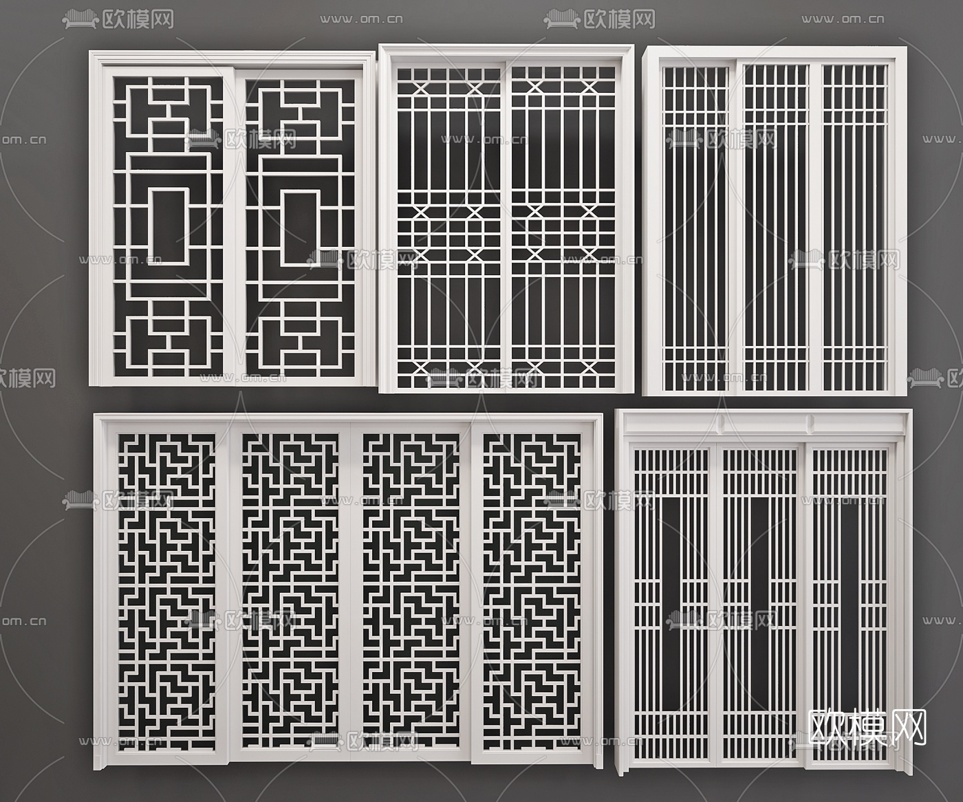 中式实木推拉门窗格组合3D模型下载（渲染图1）