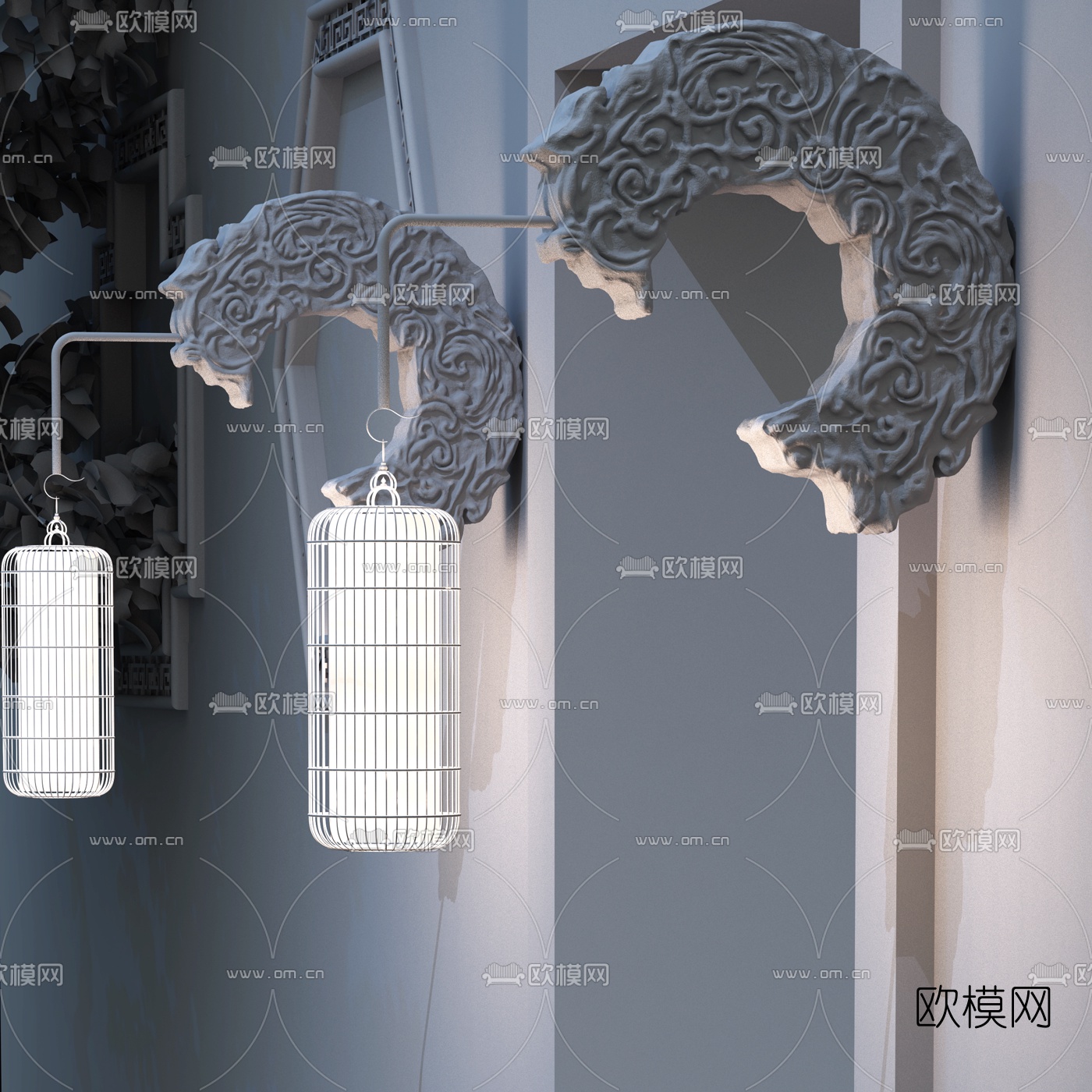 新中式灯笼壁灯3d模型下载（渲染图2）