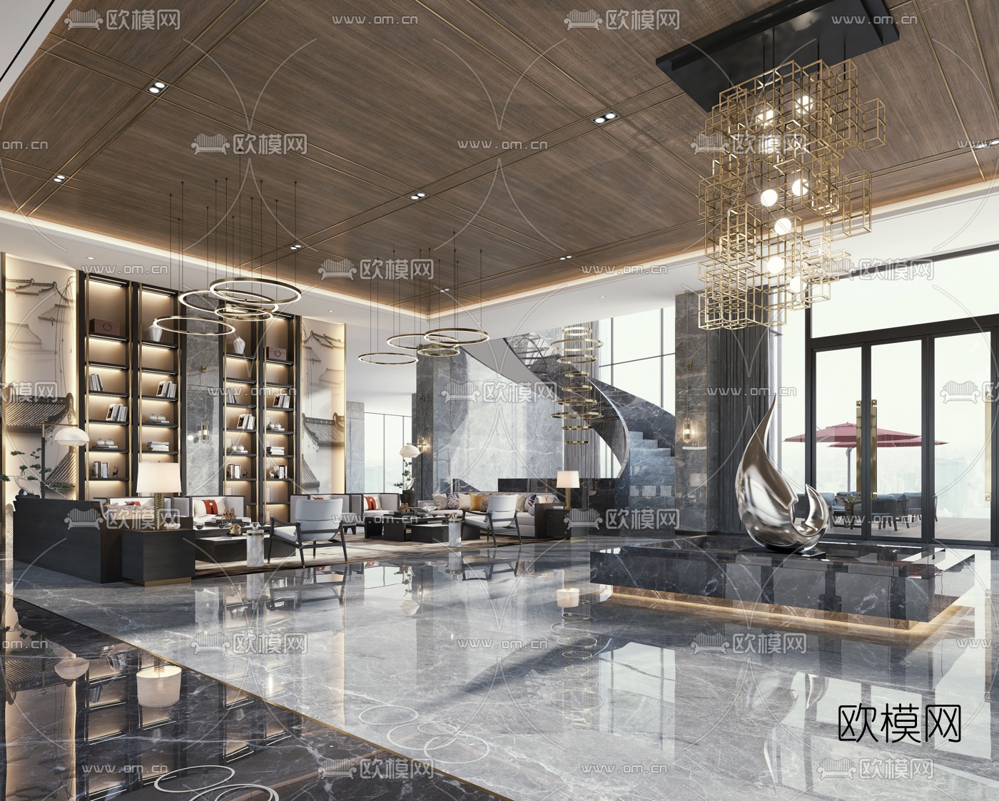 新中式酒店大堂休息大厅3d模型