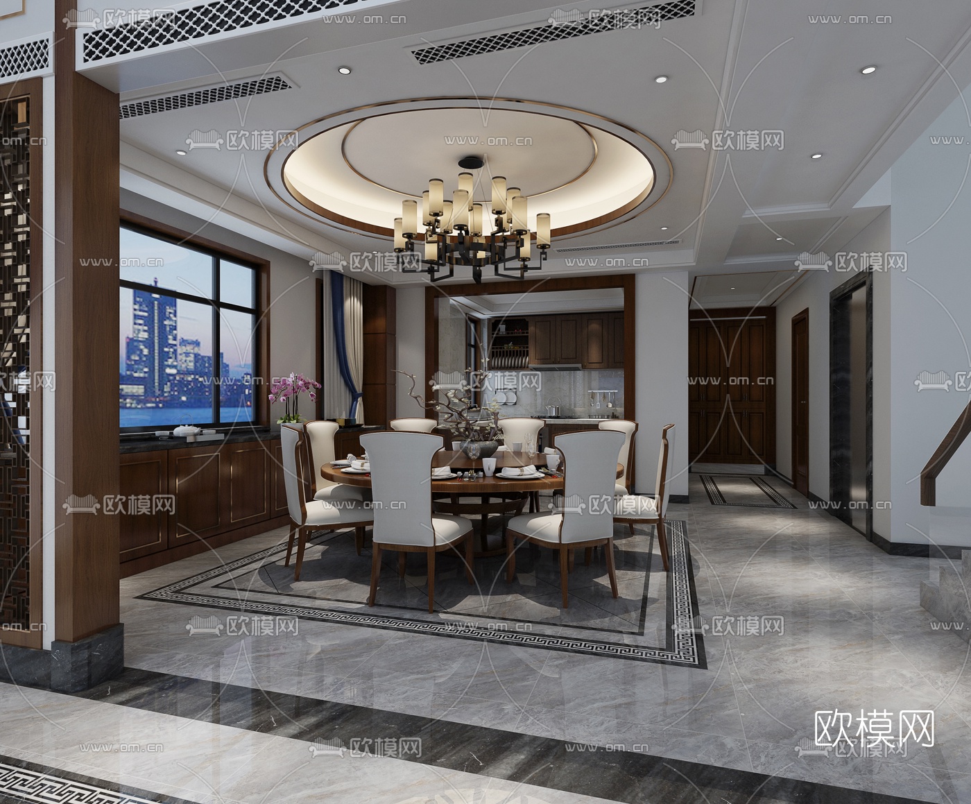新中式别墅客厅餐厅3D模型