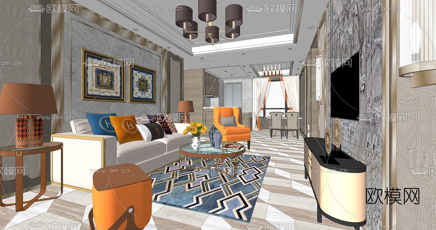 现代轻奢客厅餐厅su模型下载（渲染图1）