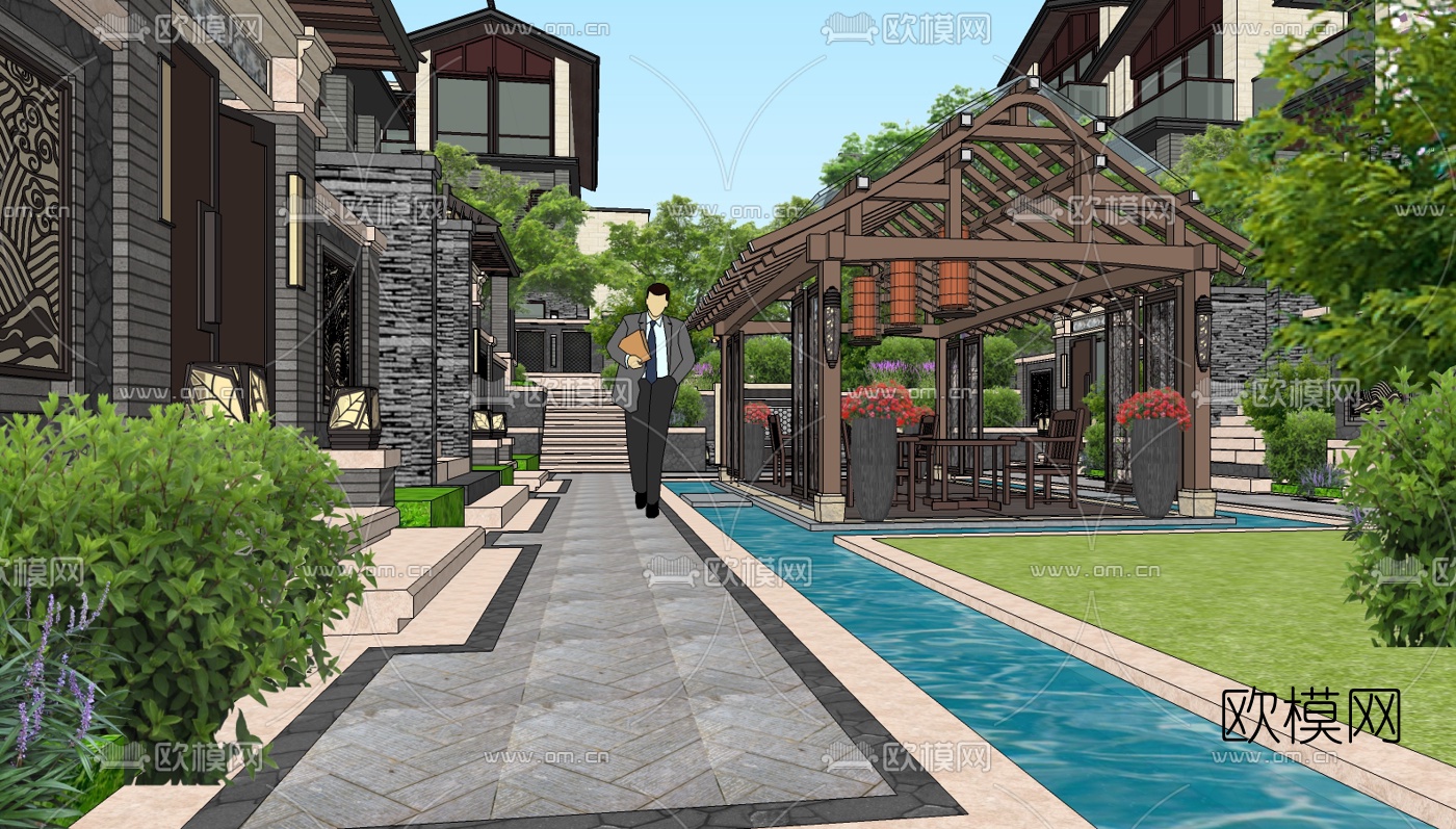 新中式别墅su模型下载（渲染图2）