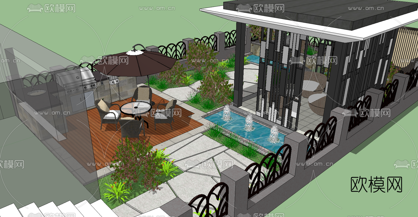 现代庭院花园su模型下载（渲染图1）