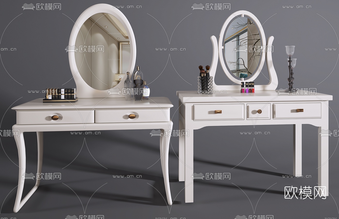 简欧实木梳妆台化妆品组合3D模型下载
