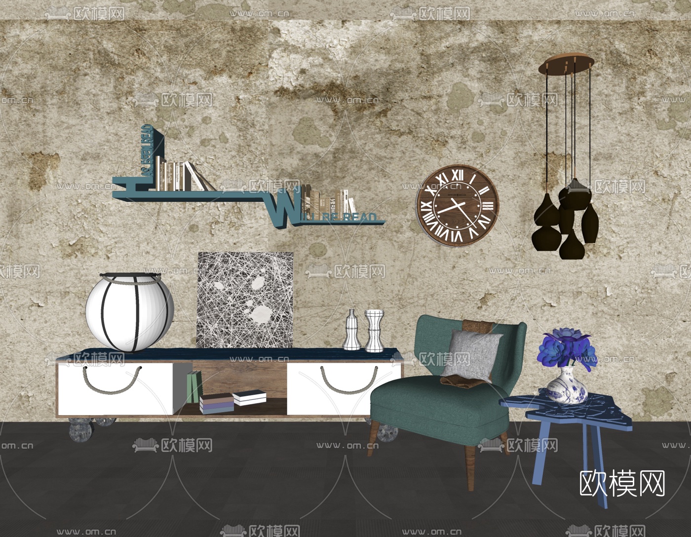 工业风电视柜单椅组合su模型下载（渲染图1）