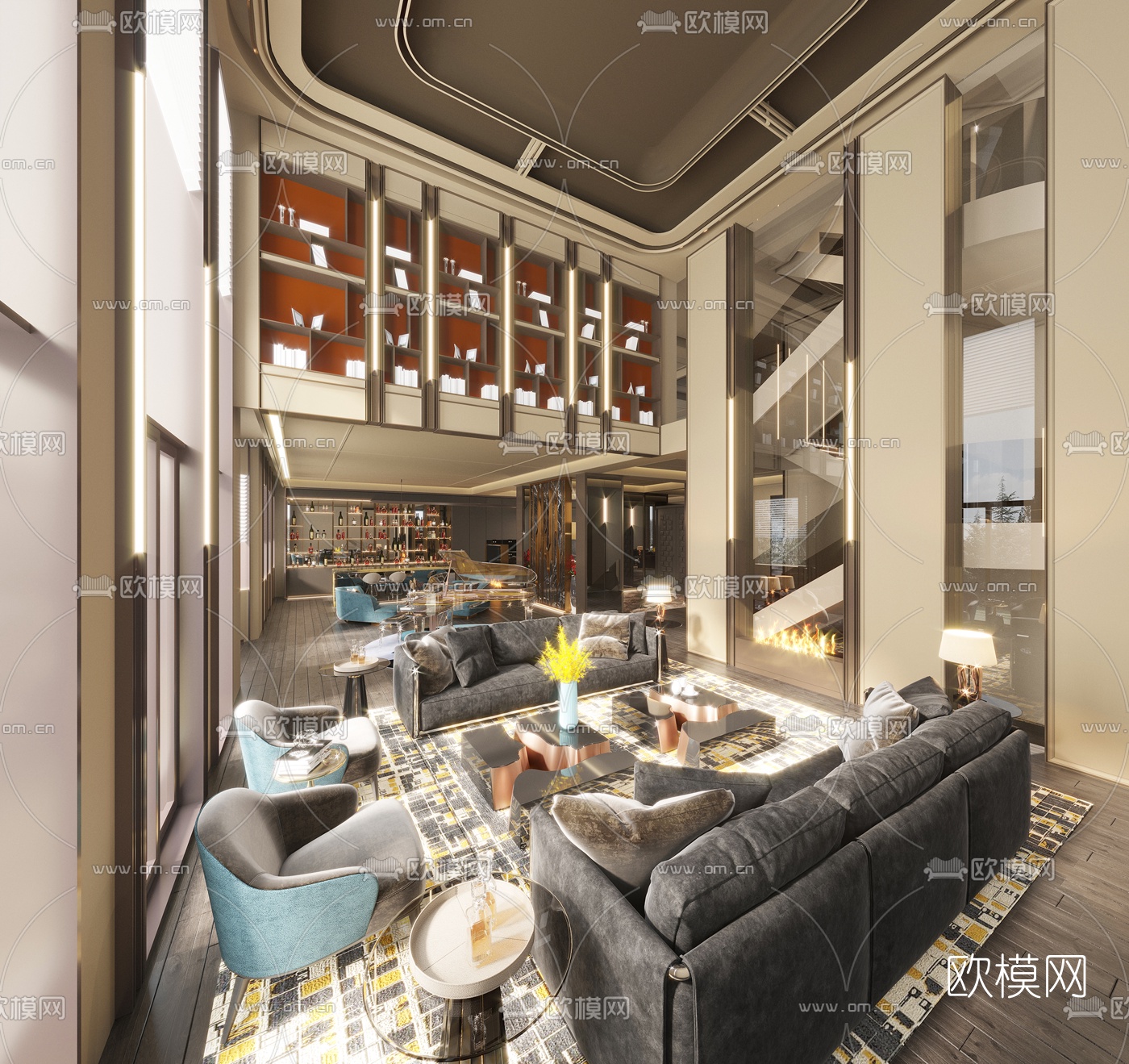 现代别墅大堂3d模型下载（渲染图2）