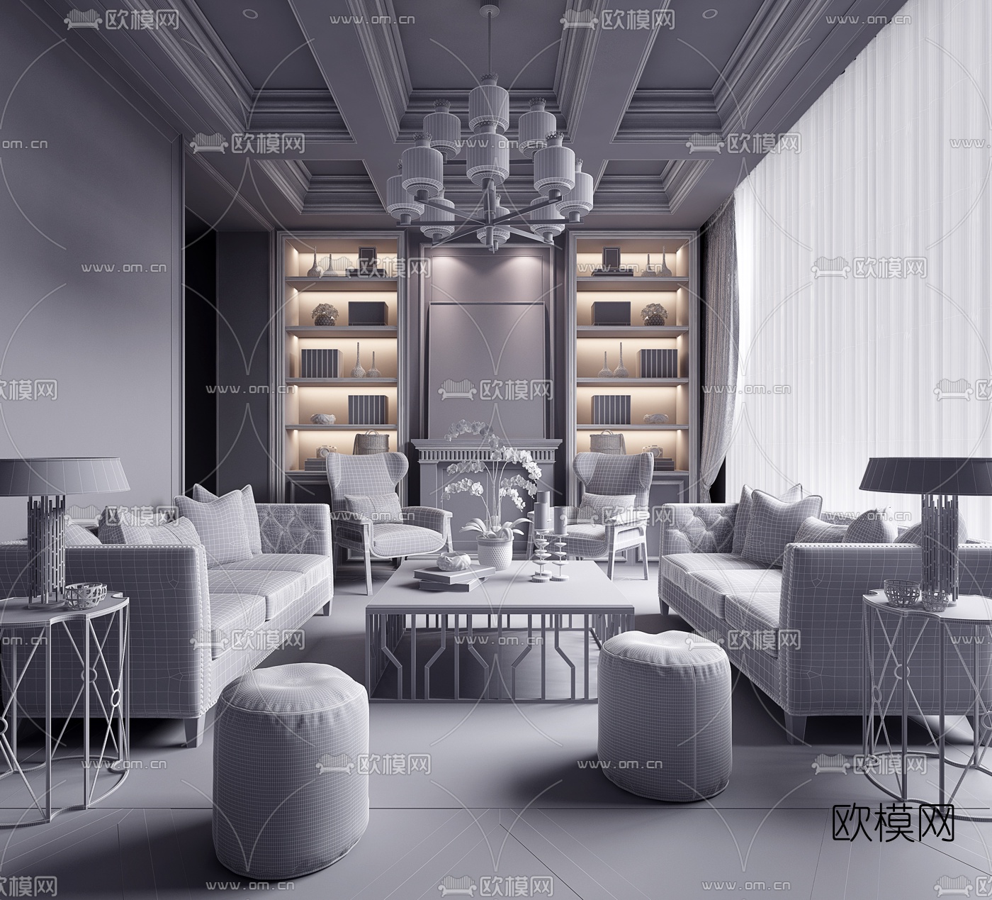 新古典客厅3d模型下载（渲染图4）