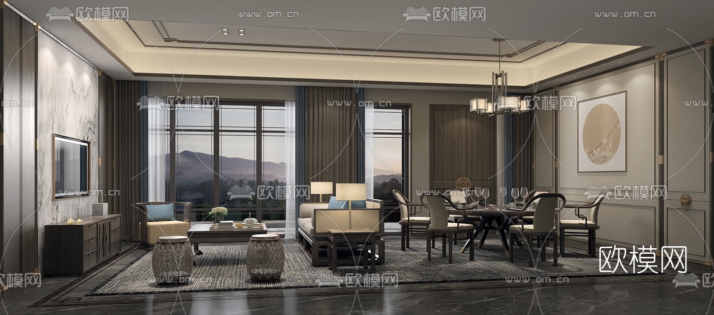 中式客厅餐厅3d模型下载