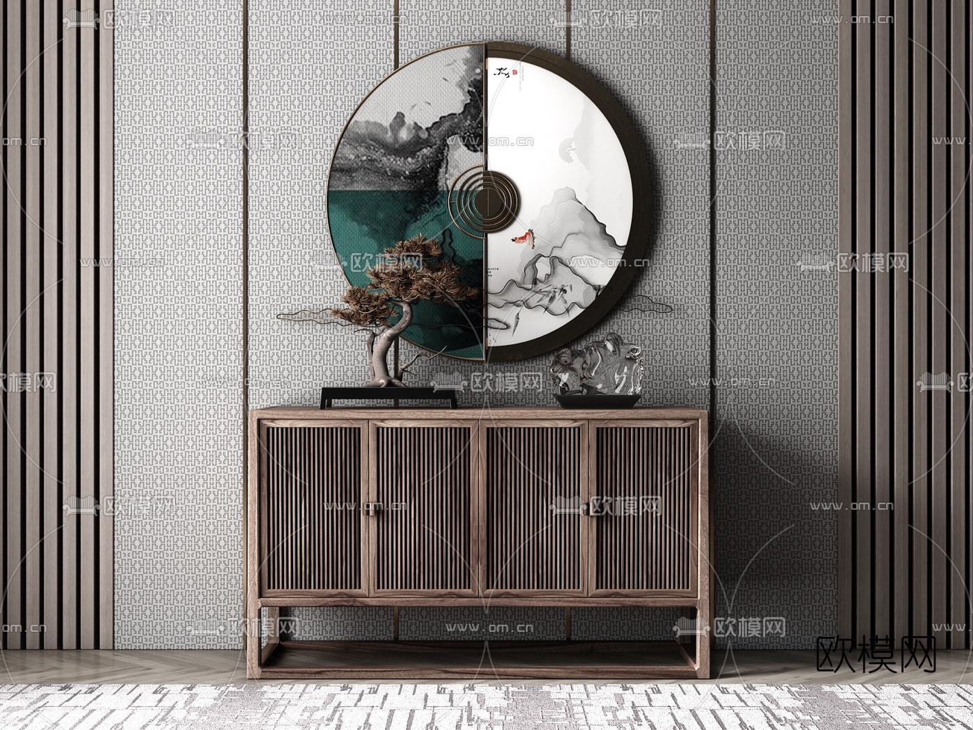 新中式轻奢端景柜su模型下载（渲染图1）