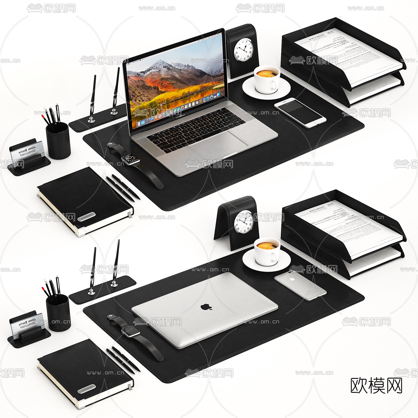 现代苹果笔记本手机办公用品组合3d模型
