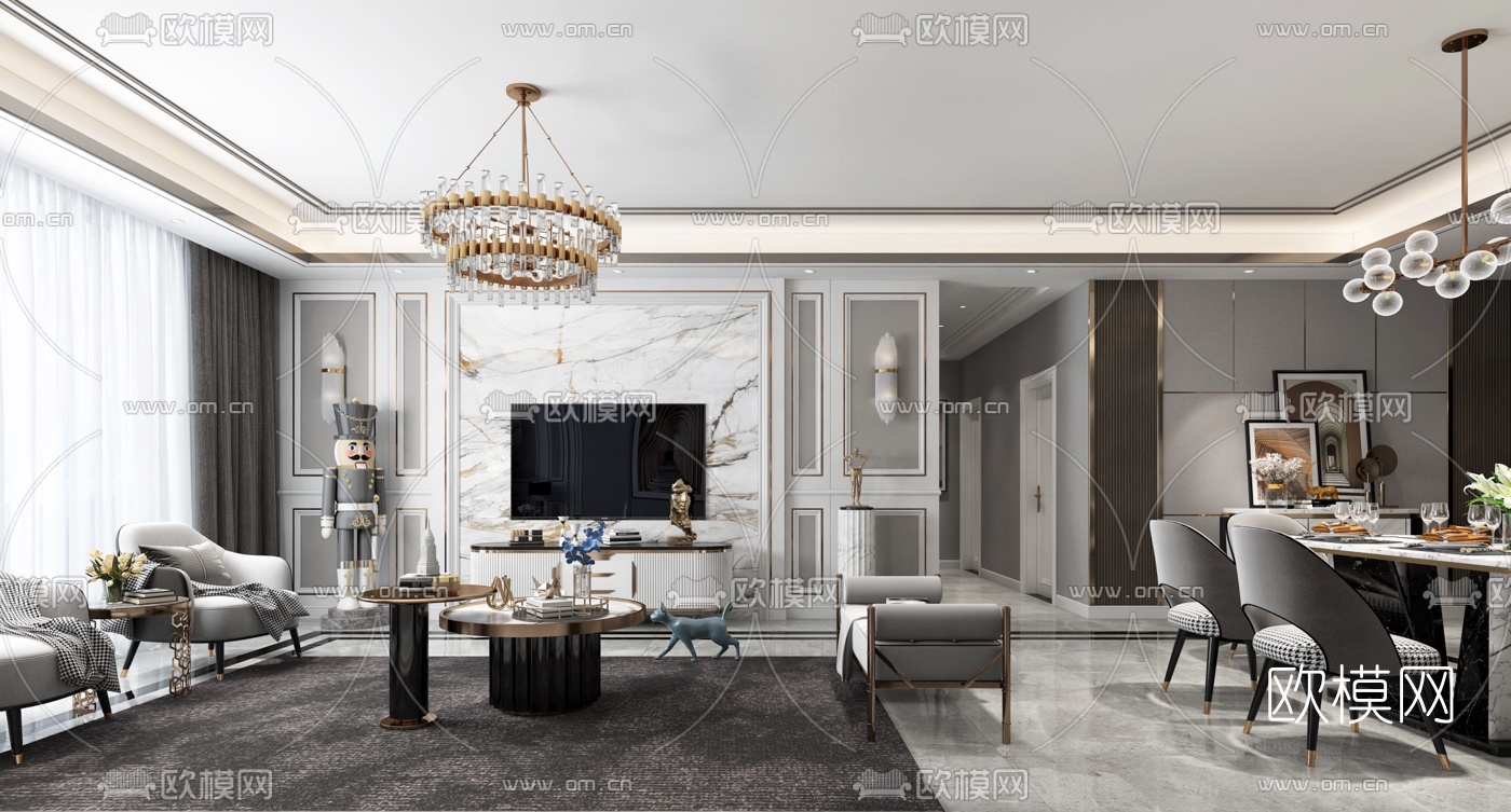 简欧轻奢客厅餐厅3d模型下载（渲染图3）