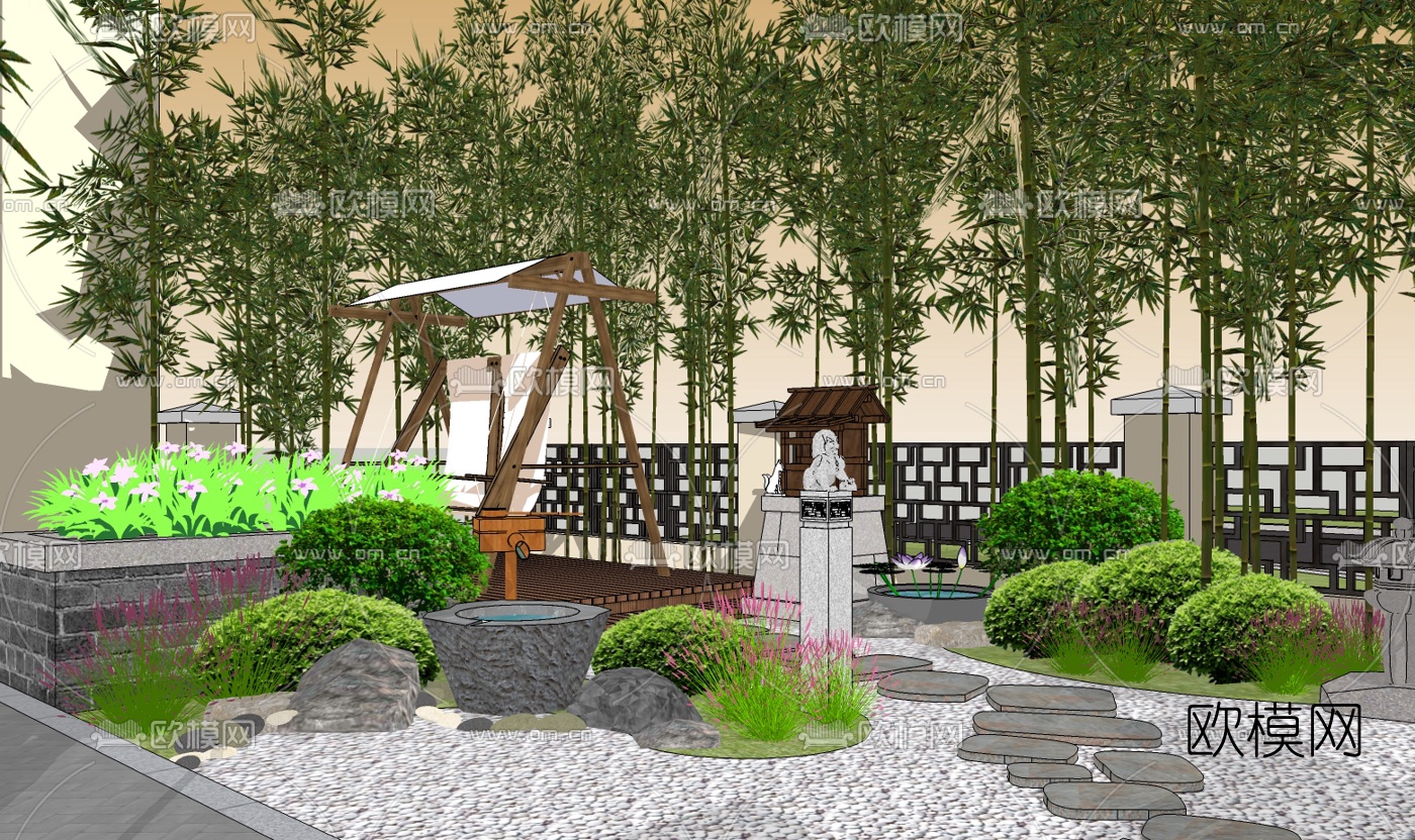 中式园林景观su模型下载（渲染图3）