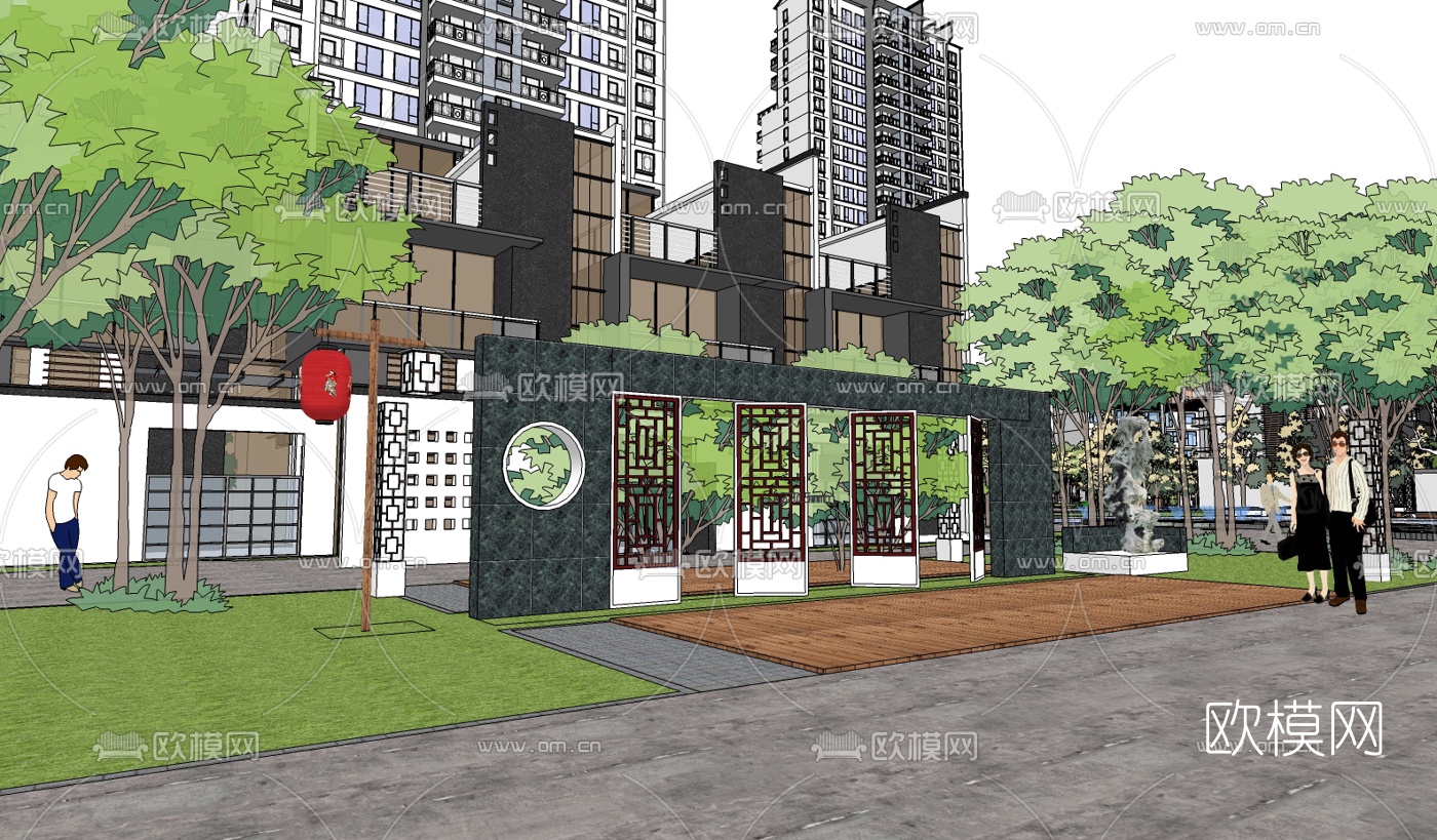 新中式小区规划su模型下载（渲染图5）