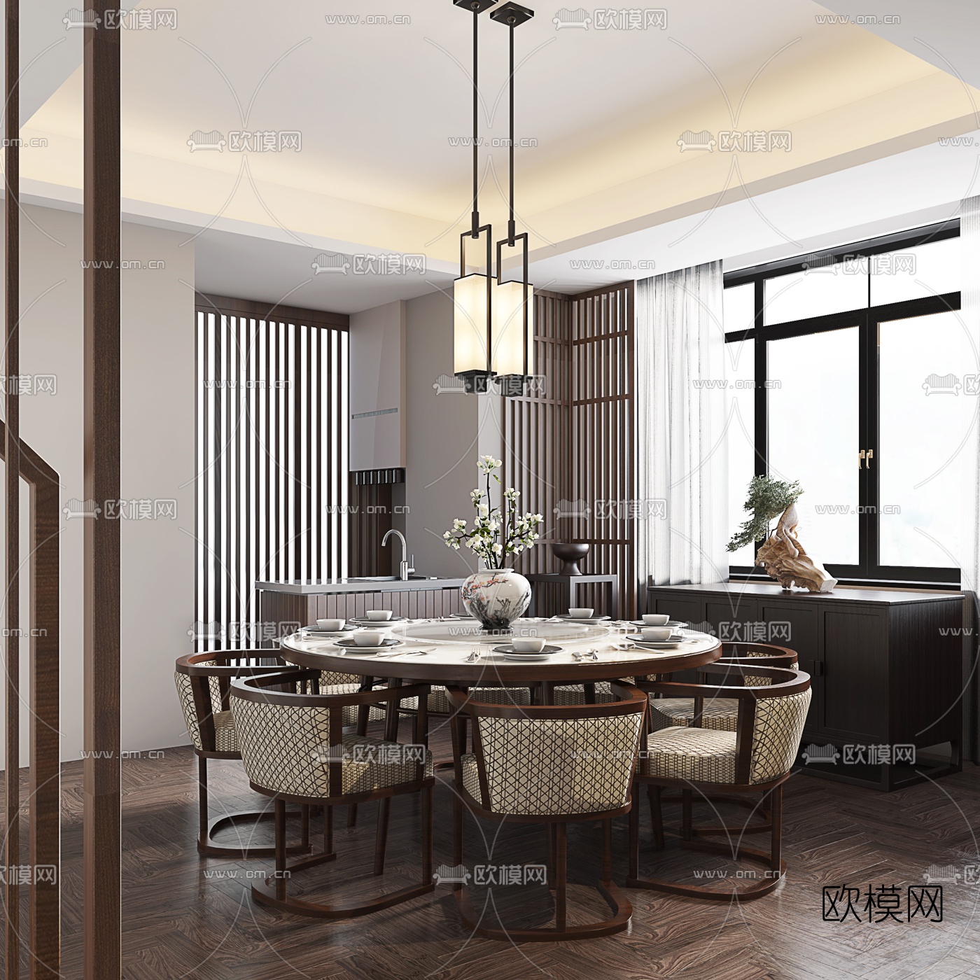 新中式餐厅3d模型-免费3dmax模型库-欧模网