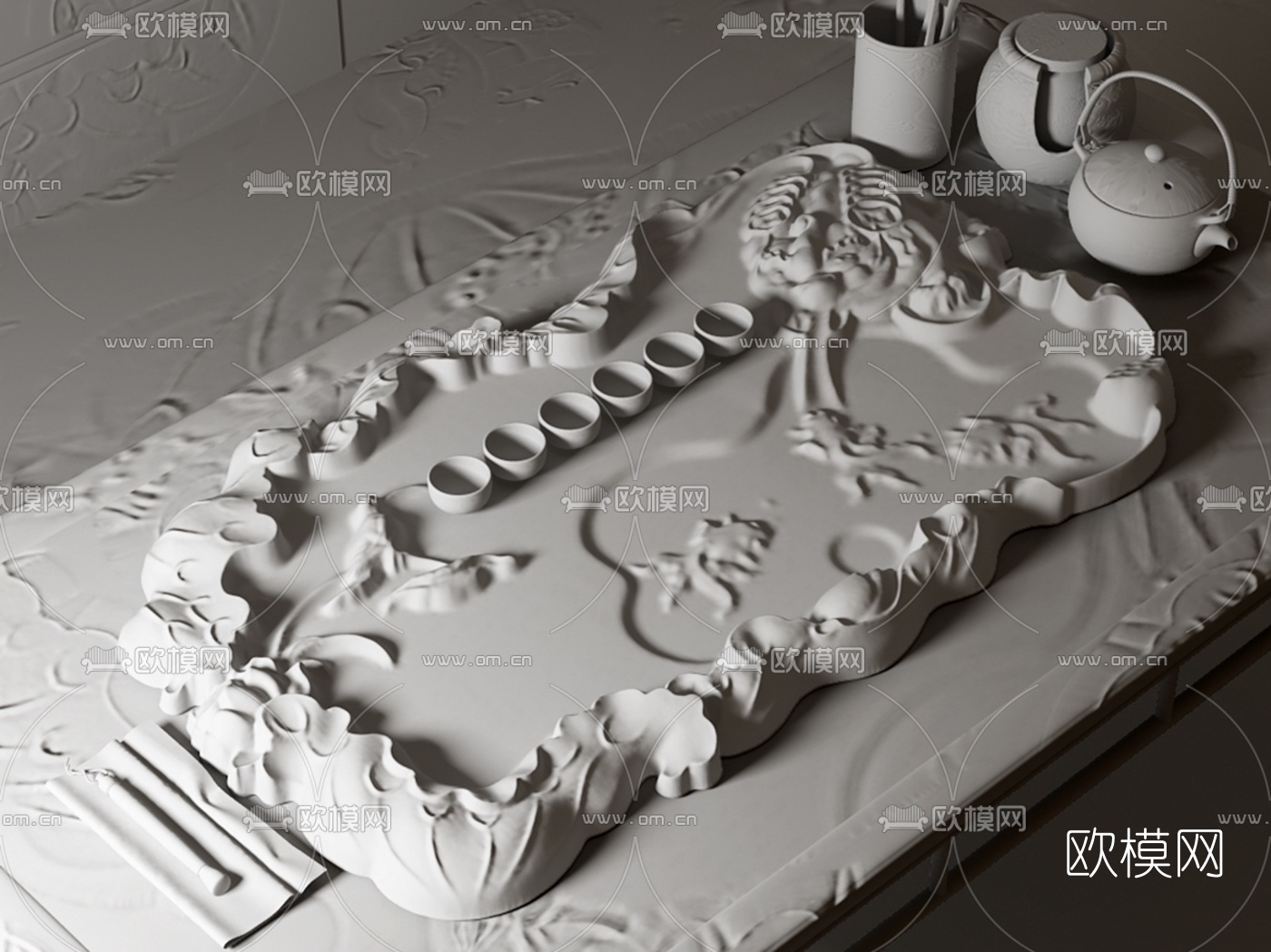 中式木雕茶盘茶具3d模型