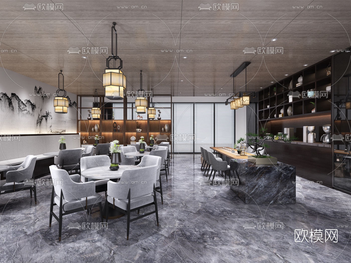 新中式办公休息区茶水间3d模型下载