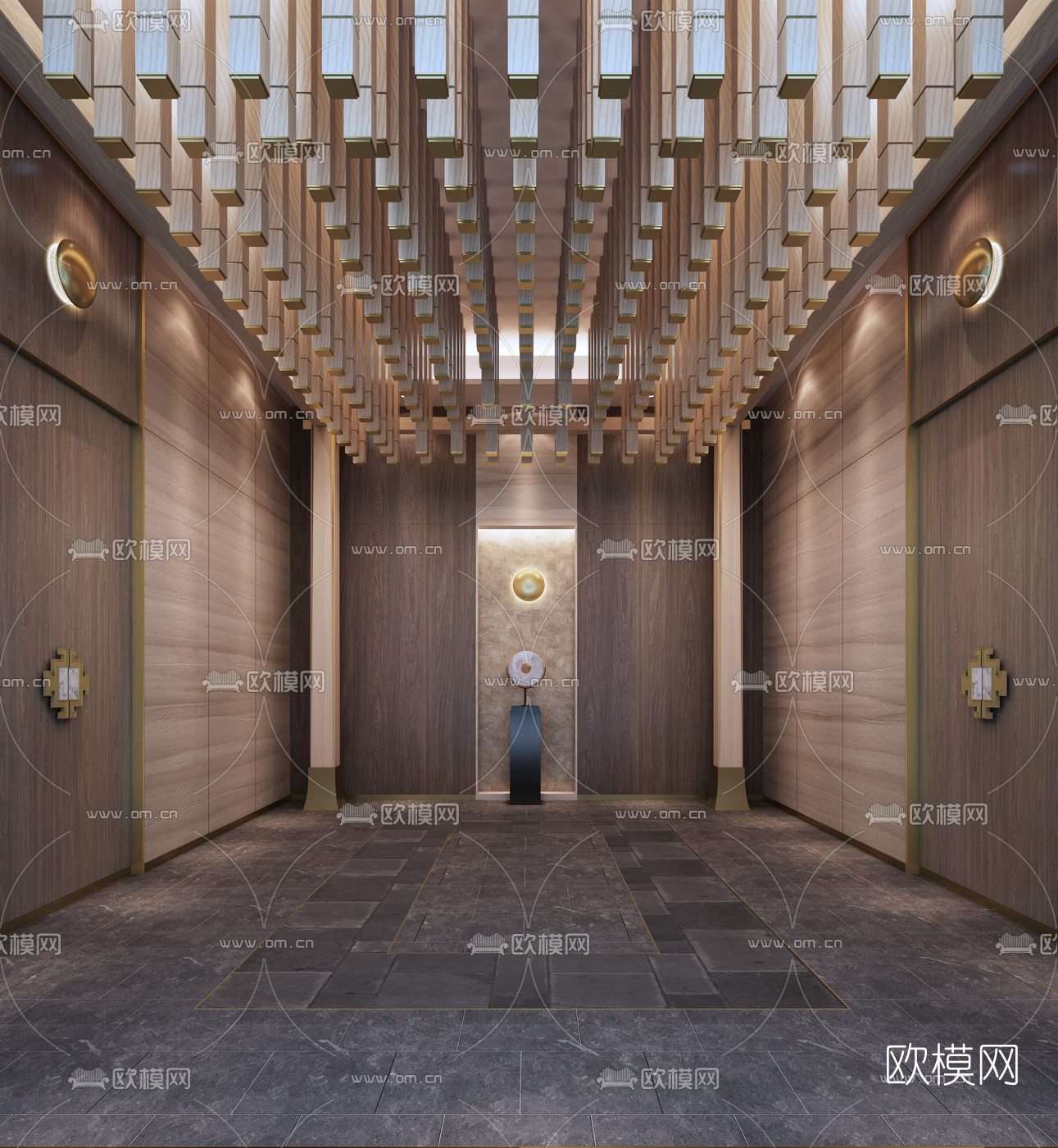 新中式酒店会所电梯厅3d模型-免费3dmax模型库-欧模网