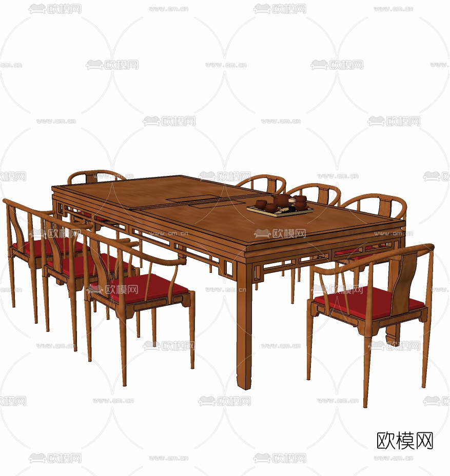 中式实木餐桌椅免费su模型下载