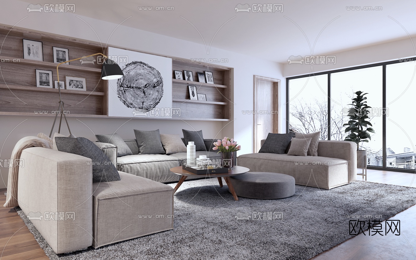 北欧布艺沙发茶几组合3D模型下载（渲染图1）