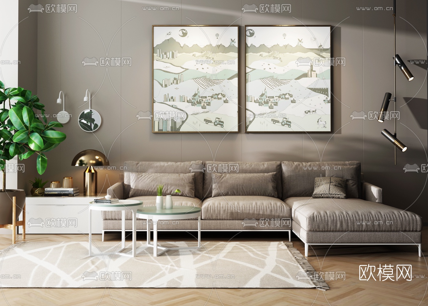 现代布艺转角沙发组合3D模型