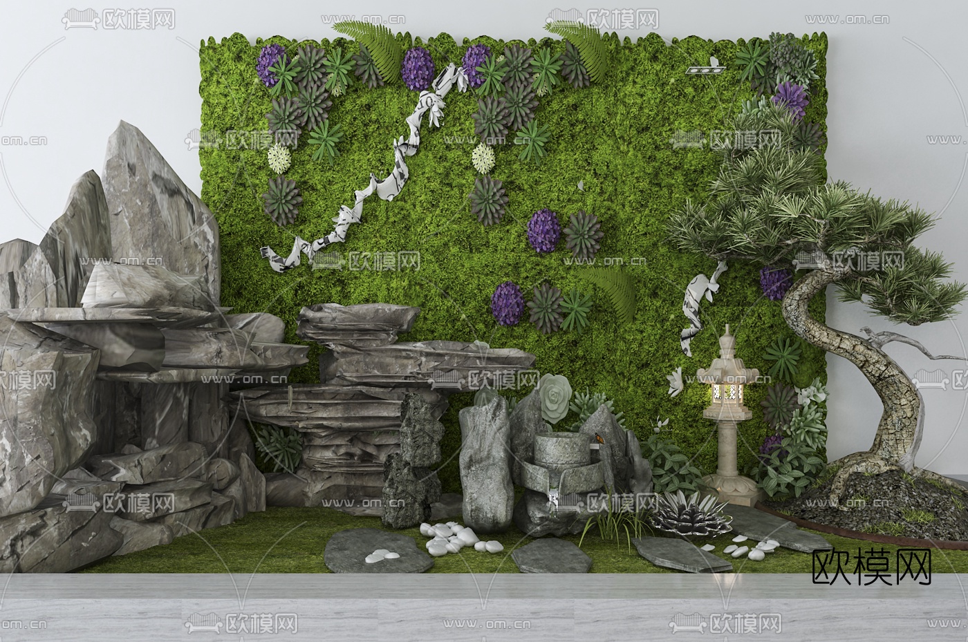 现代假山石头绿植景观小品3d模型下载