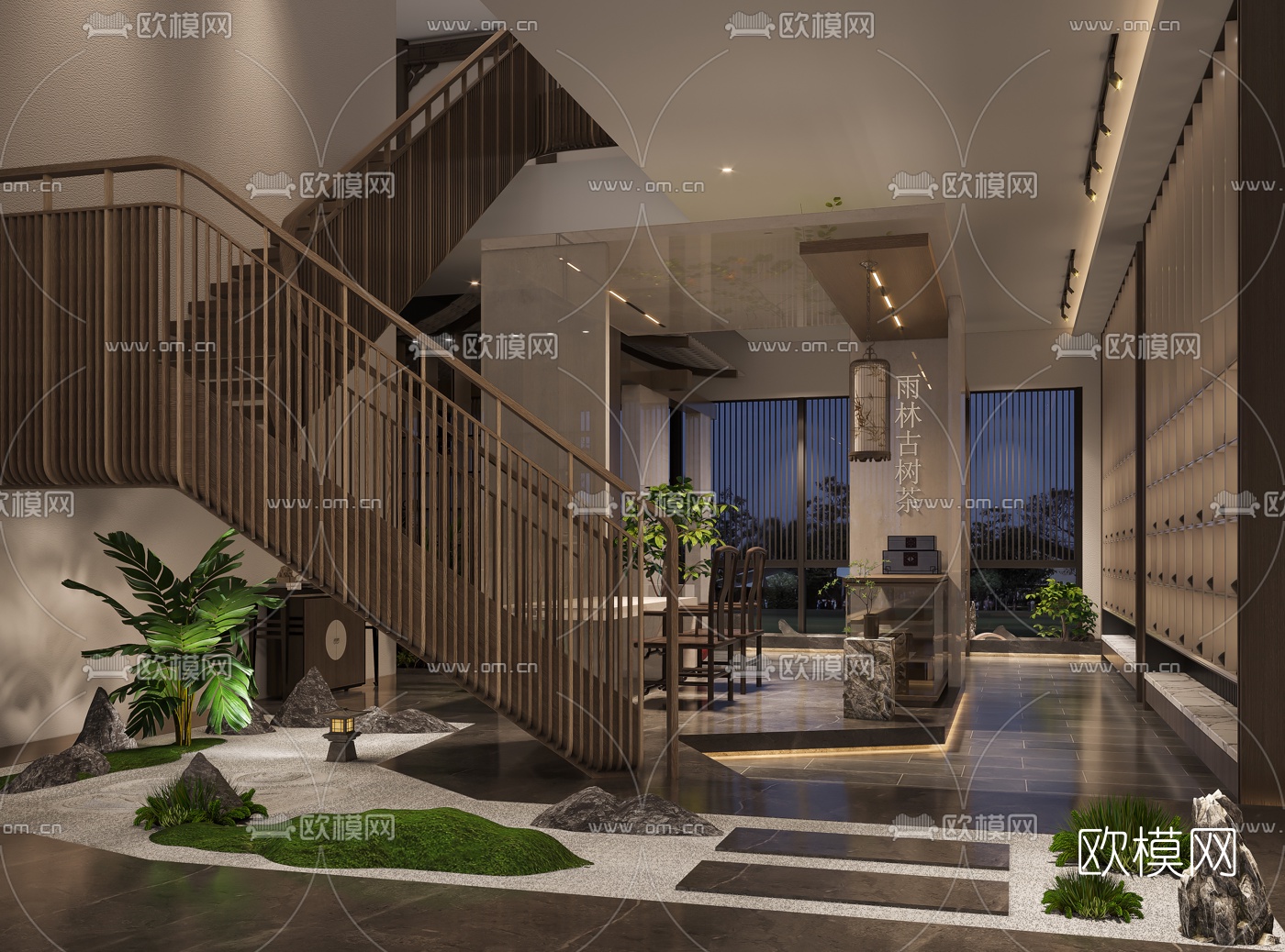新中式茶楼楼梯间3d模型下载（渲染图1）