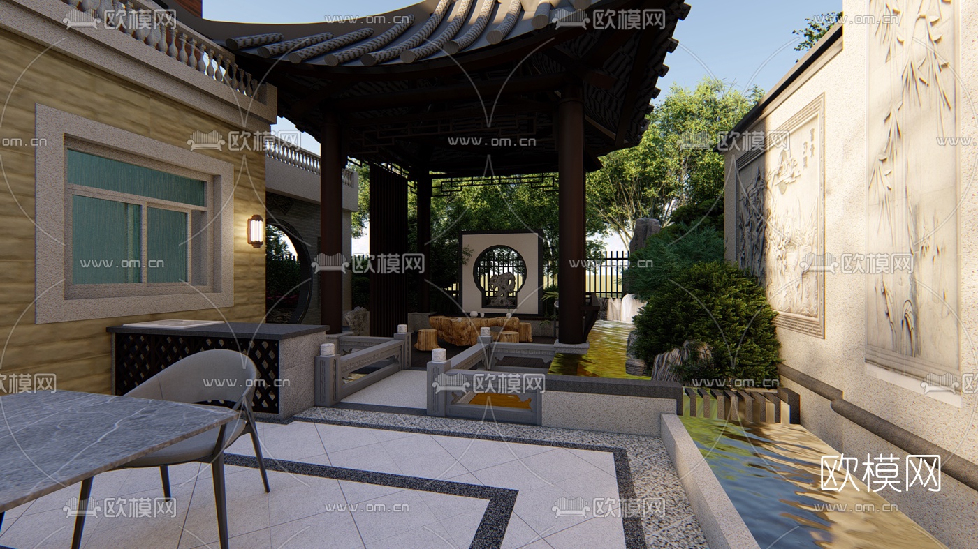 中式别墅庭院花园设计su模型下载（渲染图3）