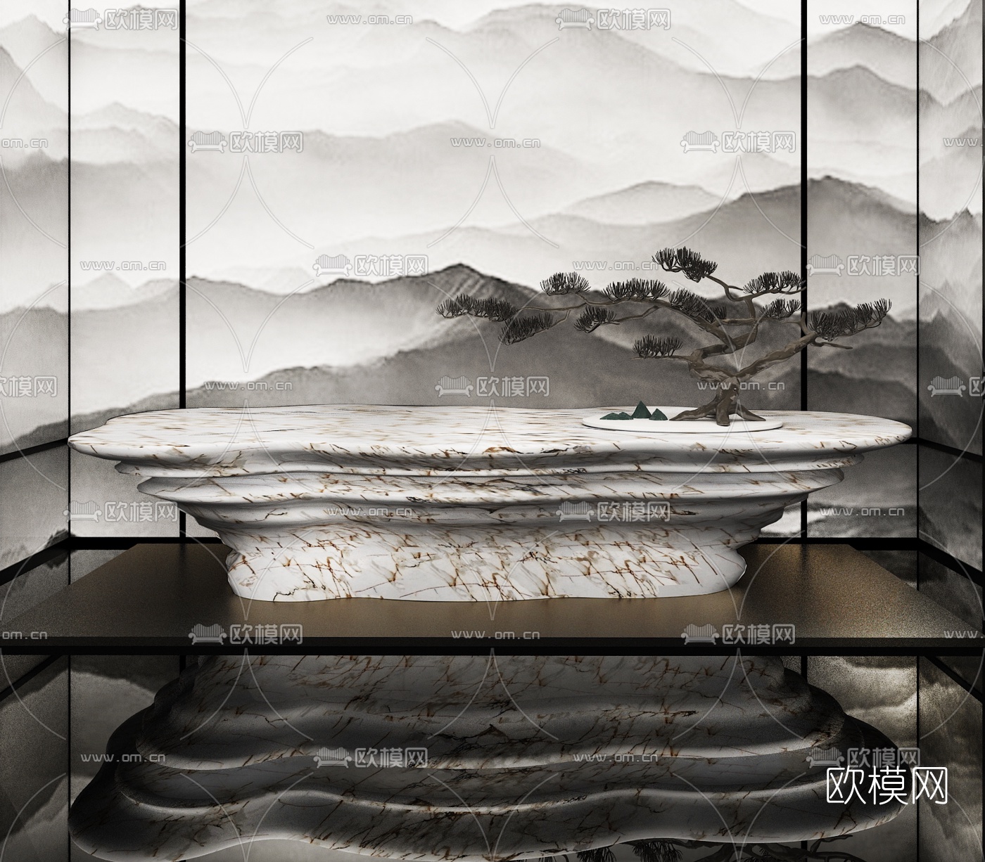 新中式大理石接待台3d模型下载（渲染图1）