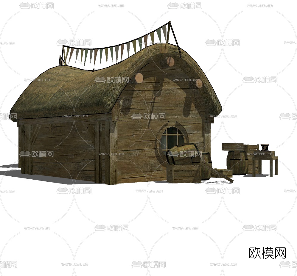 欧式茅草屋免费su模型下载（渲染图1）