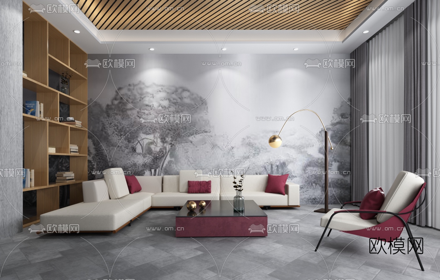 意巢设计 新中式布艺转角沙发组合3d模型下载