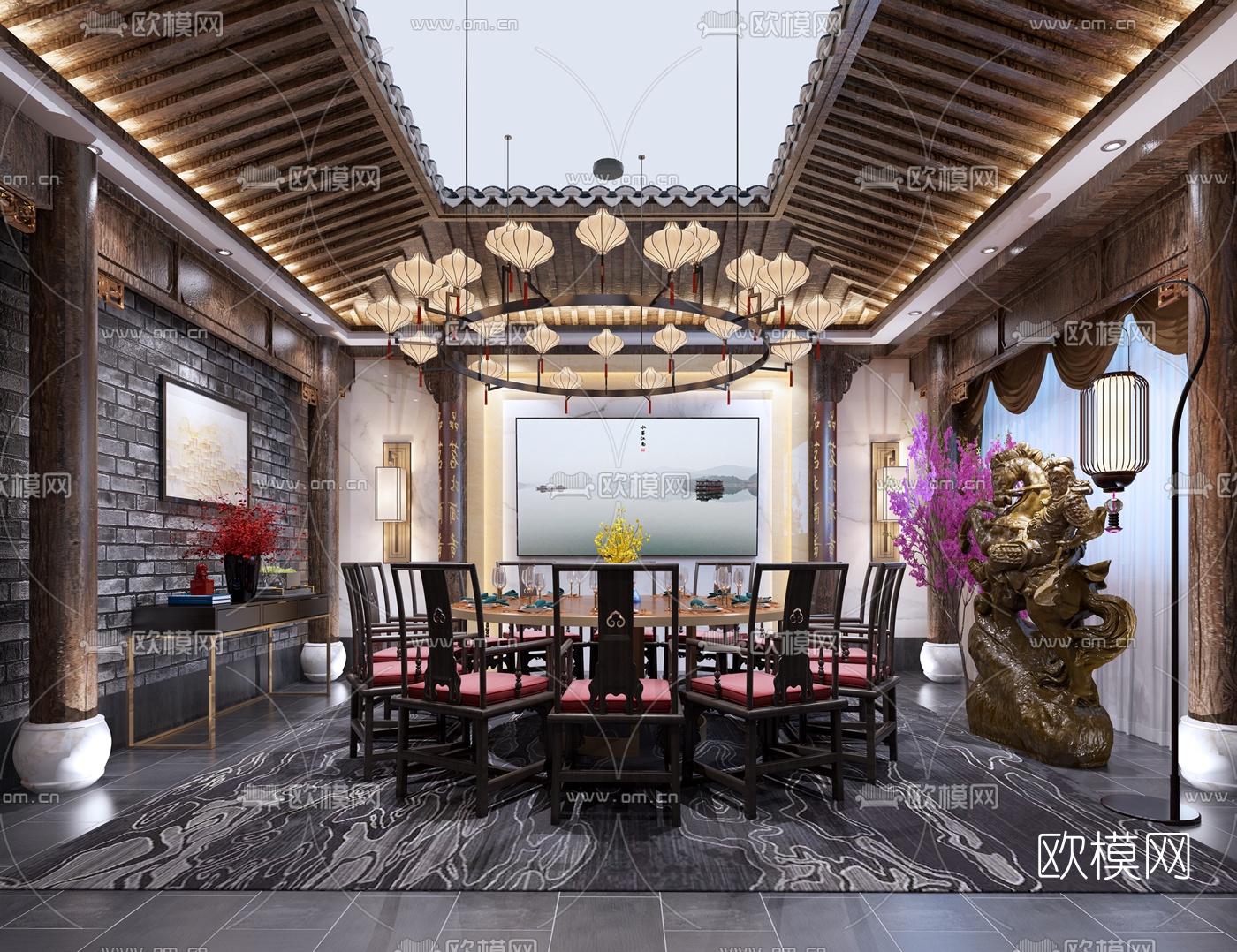 新中式餐厅包房3d模型-免费3dmax模型库-欧模网