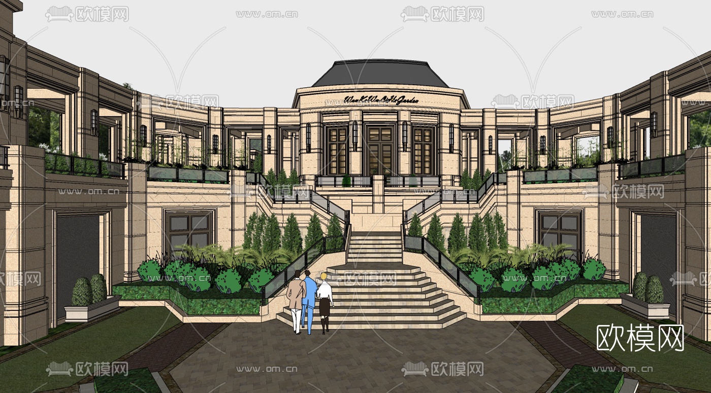 新古典会所入口大门su模型下载（渲染图1）