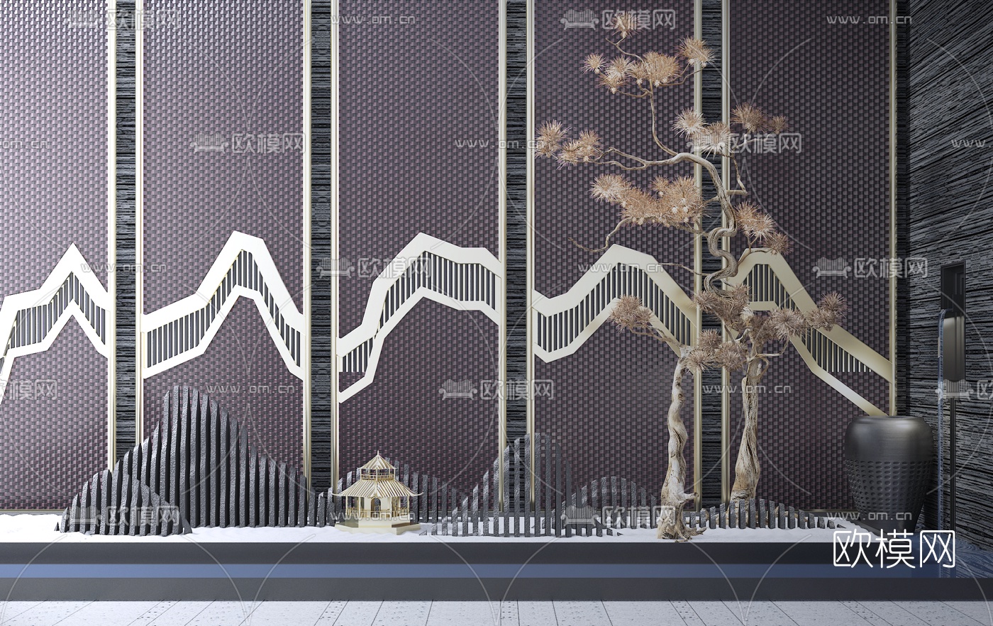 新中式屏风树木园艺小品3d模型下载
