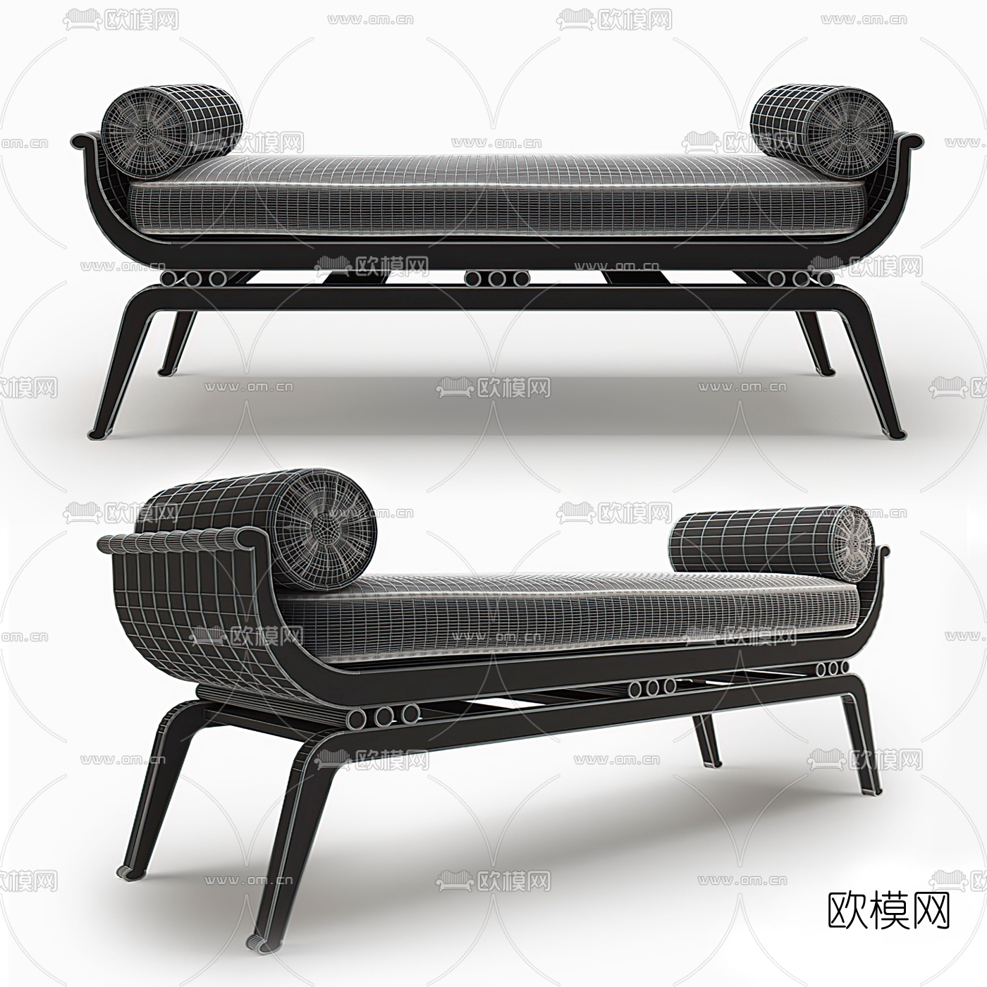 新中式实木床尾脚踏3d模型下载（渲染图2）