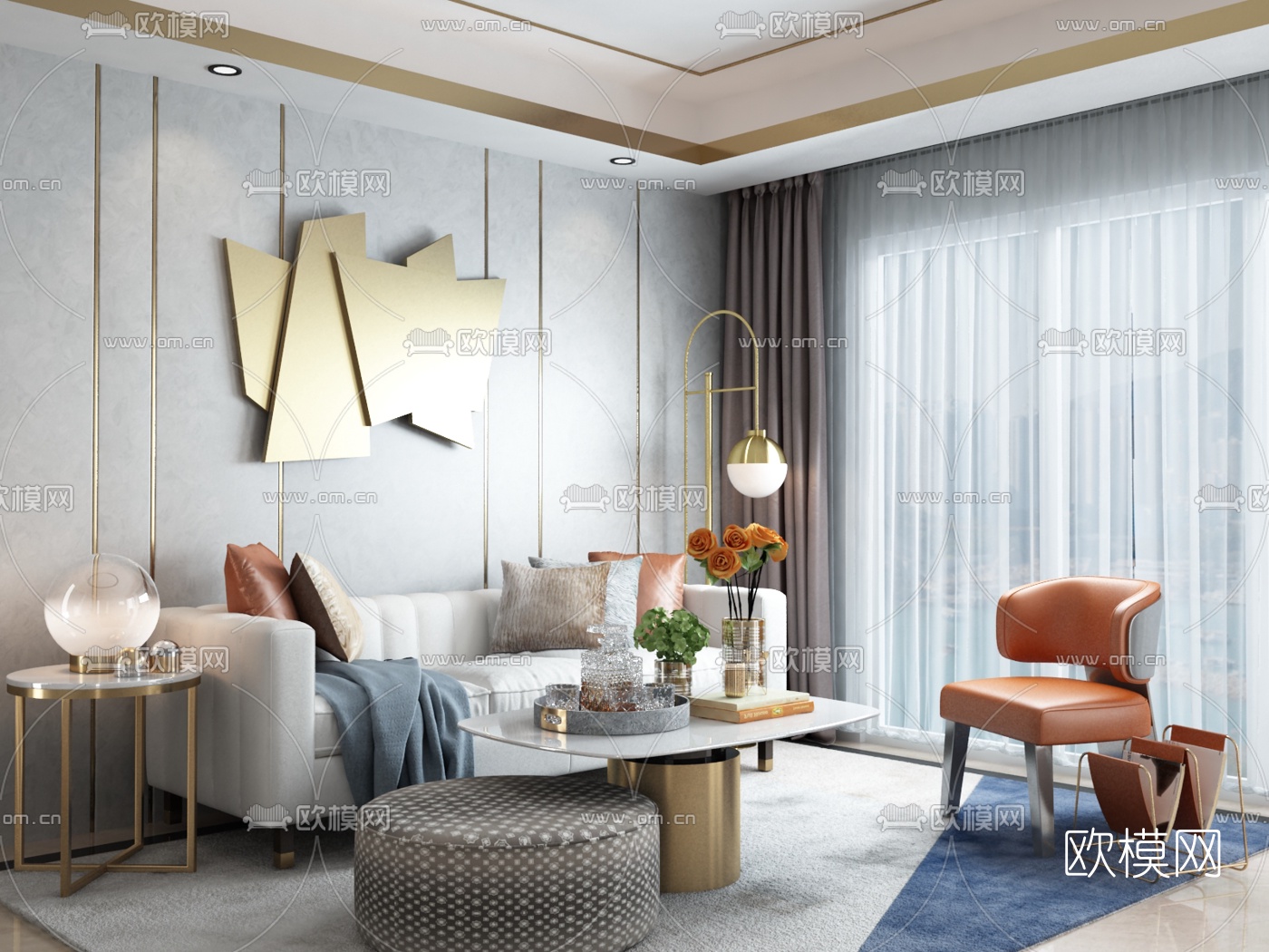 彬占建筑设计 现代轻奢布艺沙发组合3d模型下载（渲染图1）