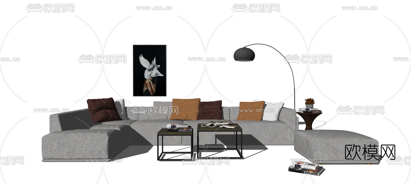 现代布艺沙发组合su模型下载（渲染图1）