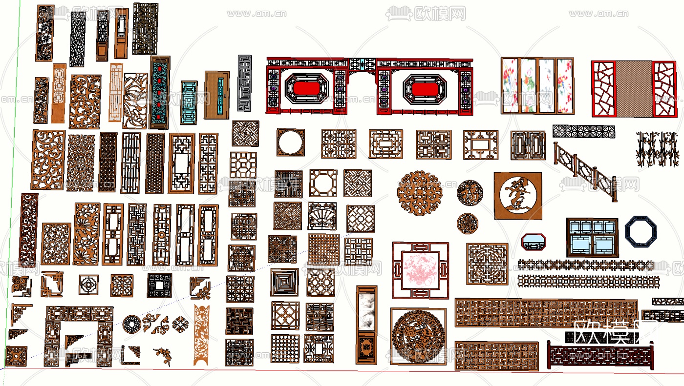 中式雕花窗格屏风隔断组合su模型下载