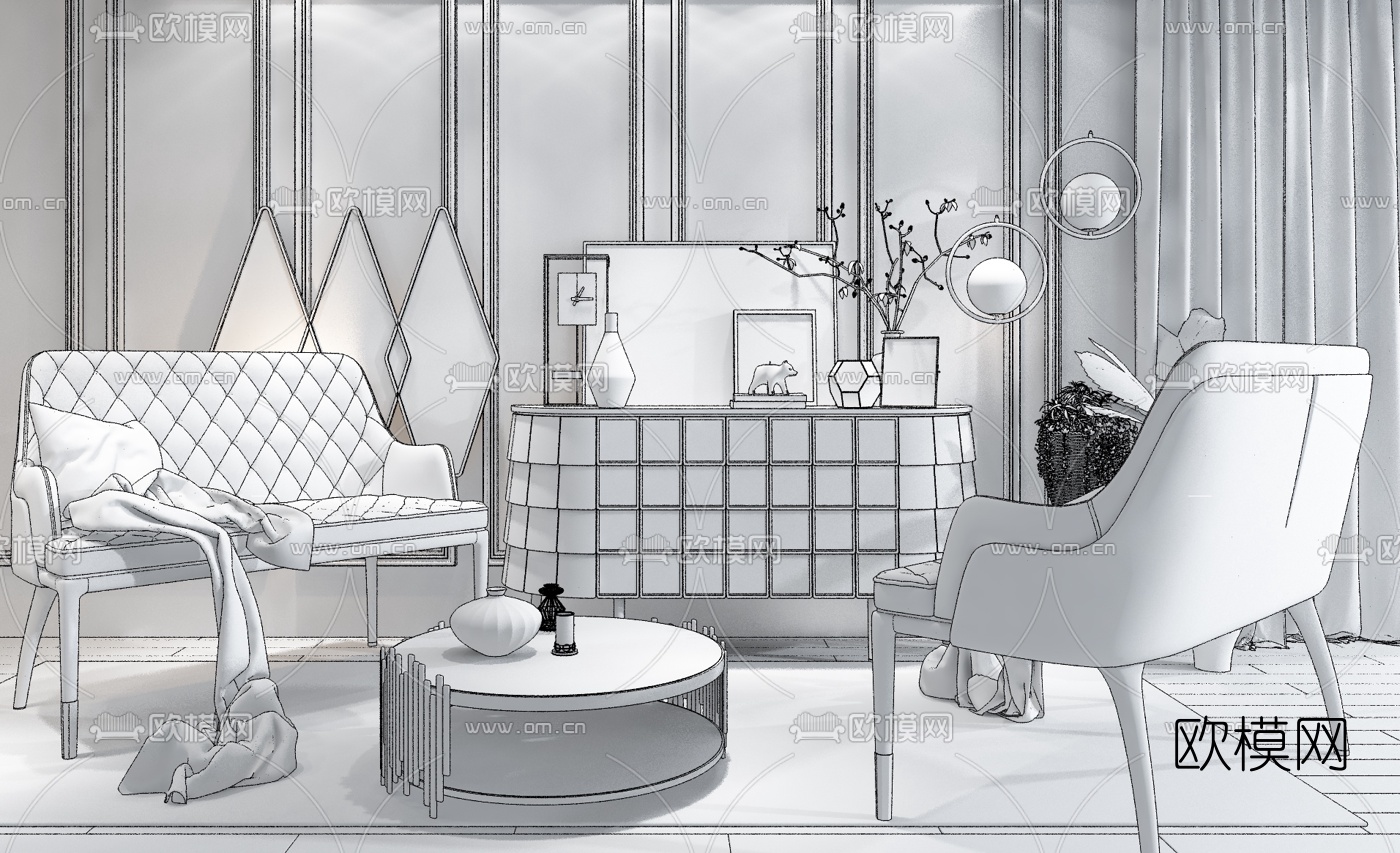 后现代休闲沙发茶几摆件3d模型下载（渲染图2）