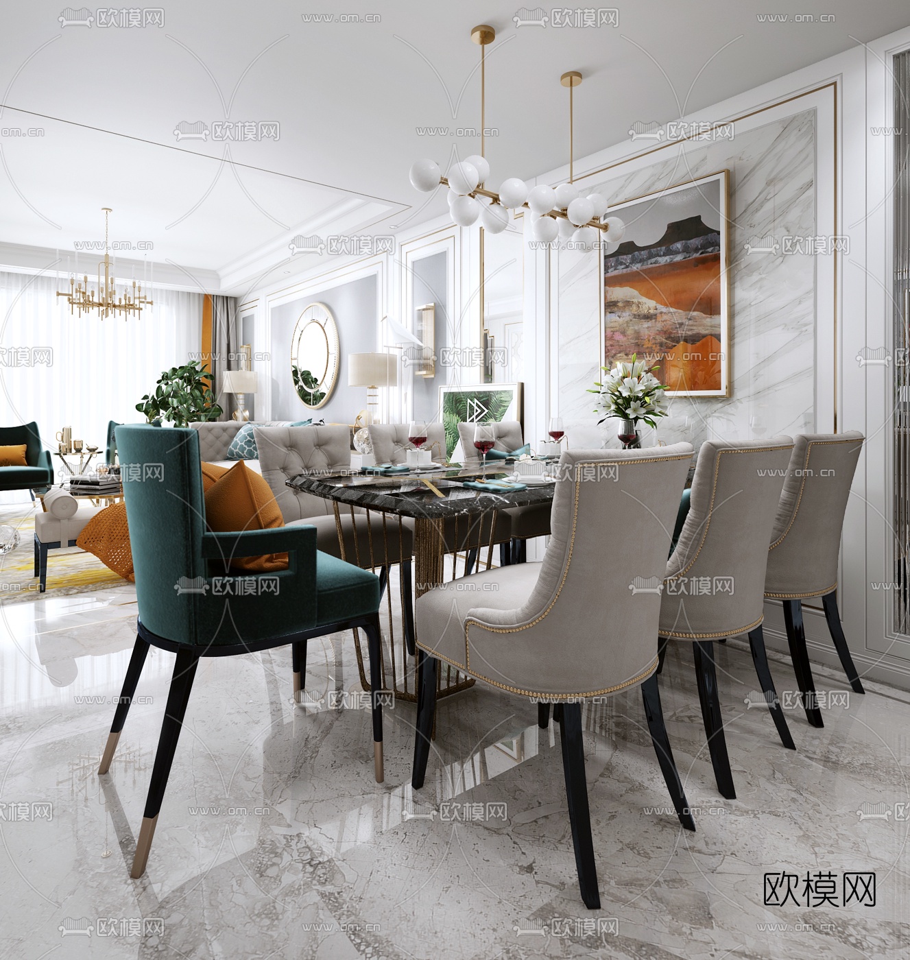 简美客厅餐厅门厅3d模型