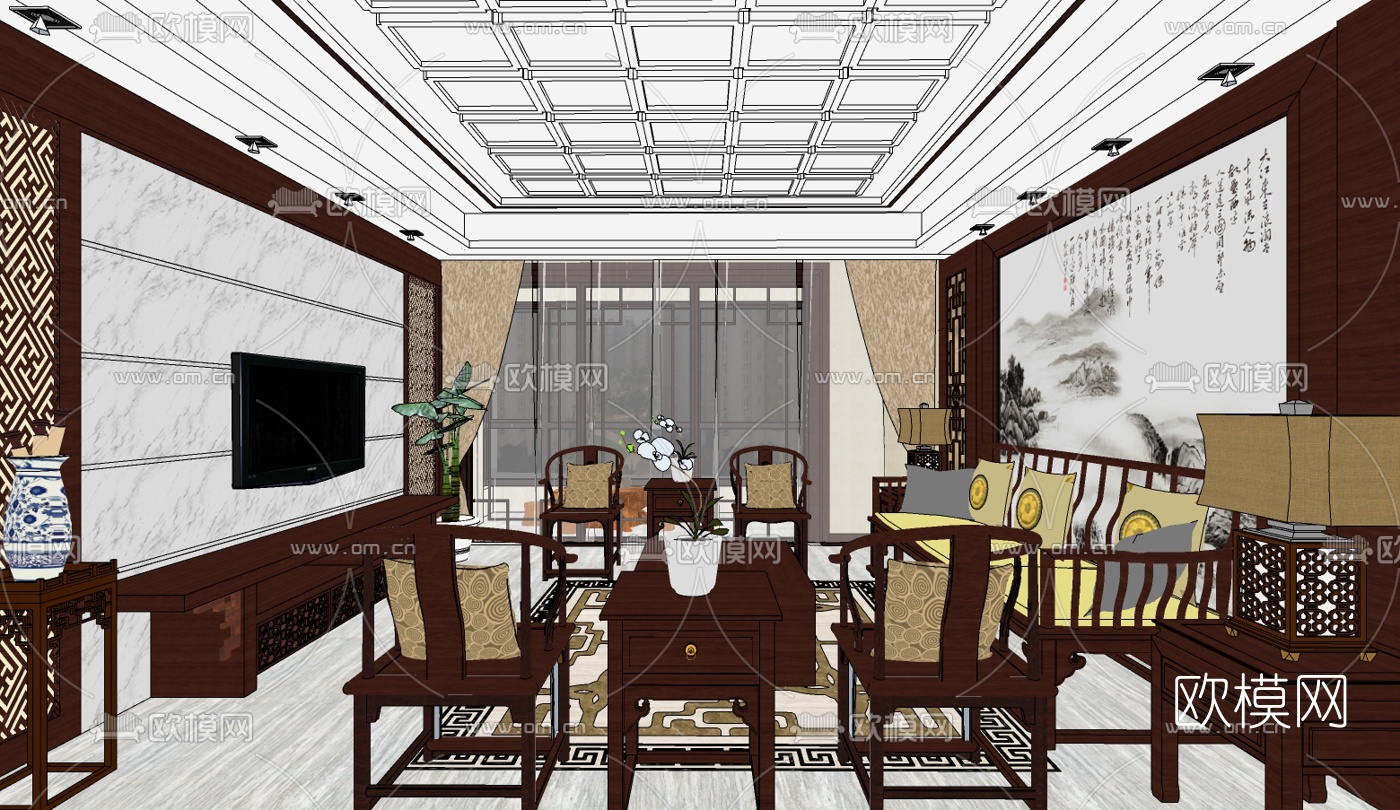 新中式客餐厅免费su模型下载（渲染图1）