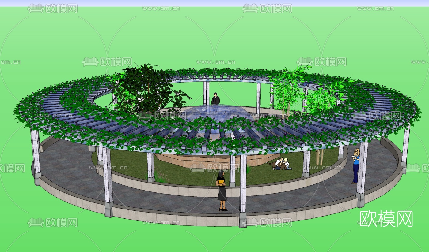现代圆廊人物喷泉组合免费su模型下载