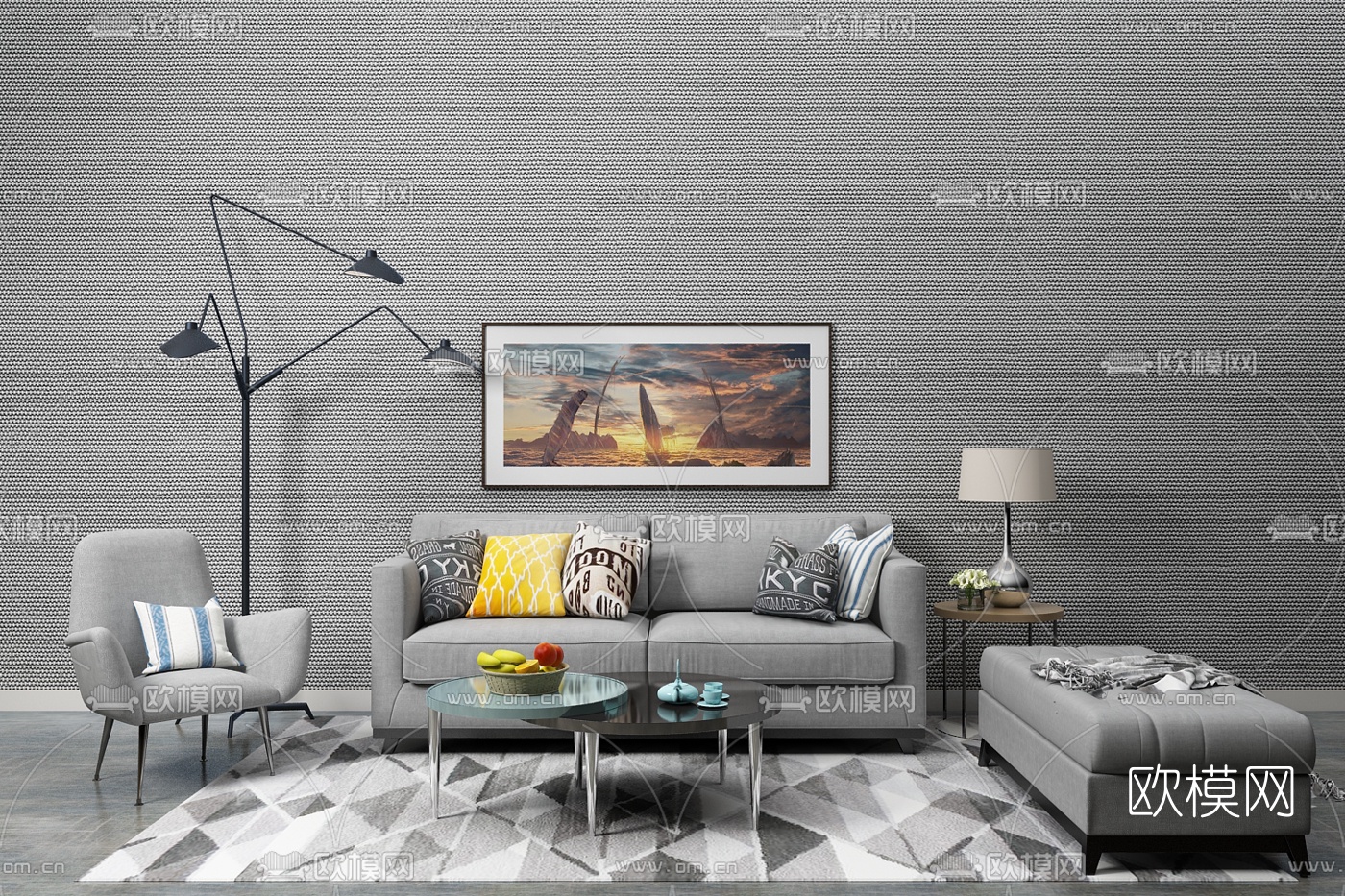 现代布艺沙发茶几装饰画落地灯组合3D模型下载_ID10486928_3dmax免费模型-欧模网