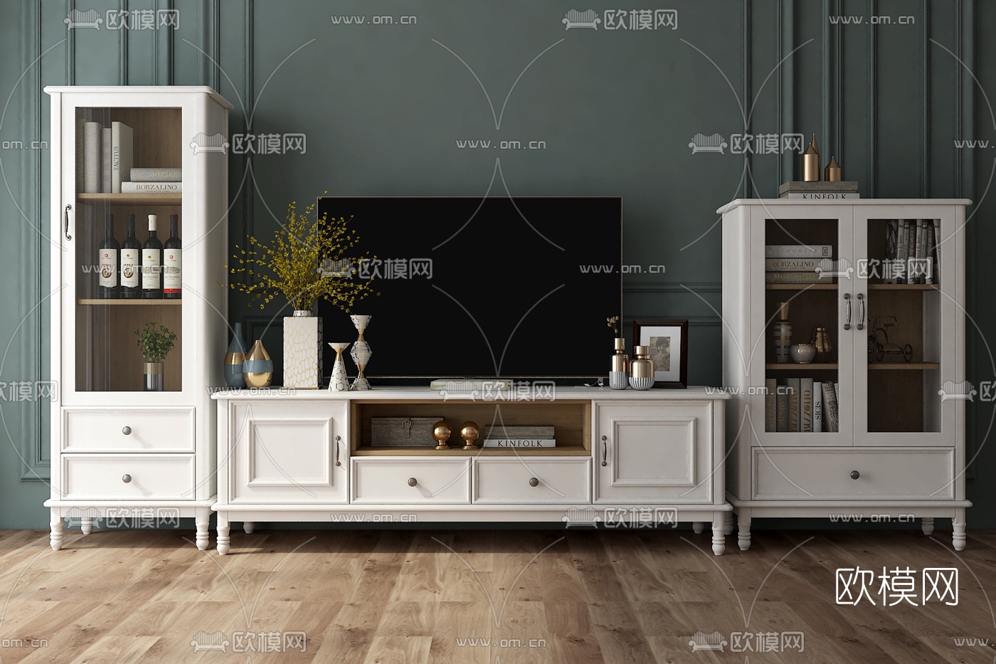 美式实木电视柜组合3d模型下载（渲染图1）